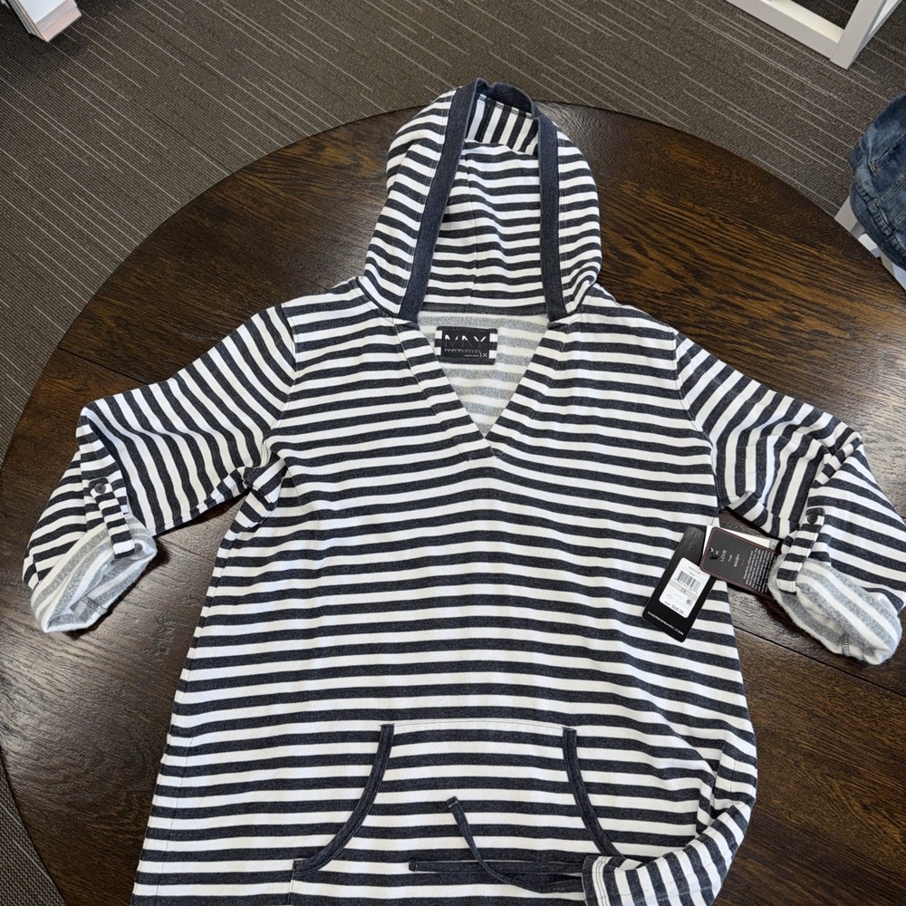 marc new york top 1x Grey Stripe Hoodie 3/4 Sleeve NWT